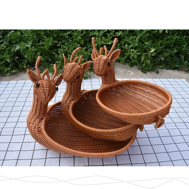 Rattan Woven Fruit Basket Cute Shape Fruit Bowls Tray Vegetable Snack Basket Novelty Animal Shaped Home Decor Organizer Handmade