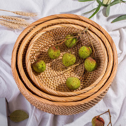 HEMU-Round Rattan Woven Basket, Wicker Fruit Basket, Bread Food, Kitchen Home Decor Organizer