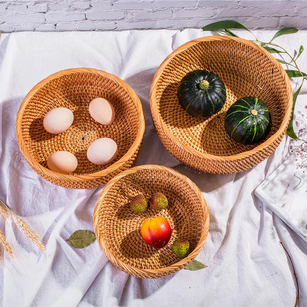 HEMU-Round Rattan Woven Basket, Wicker Fruit Basket, Bread Food, Kitchen Home Decor Organizer