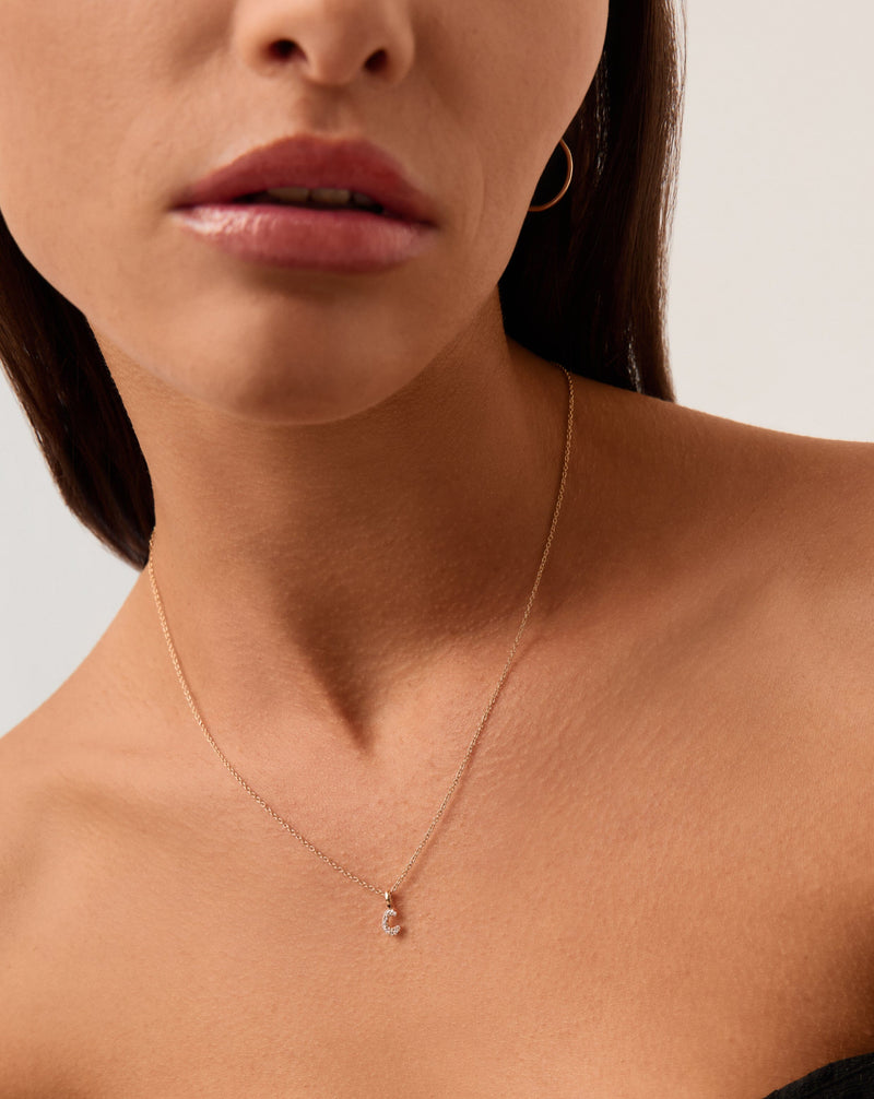 Solid Gold Diamond Initial Mini Pendant Necklace - C| 14ct Solid Yellow Gold Plated/Diamond detail view
